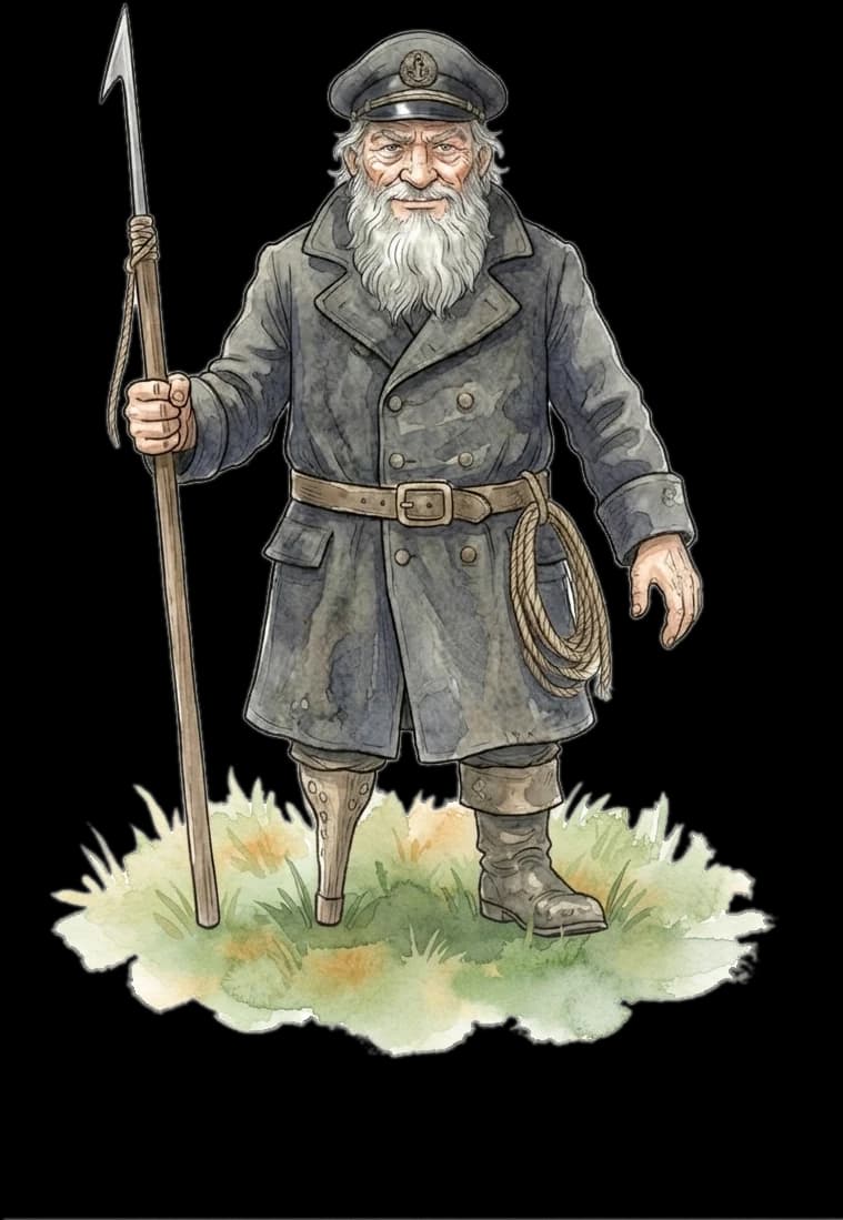 El capitán Ahab de pie, serio, con el arpón en la mano y una soga al cinto, en acuarela.