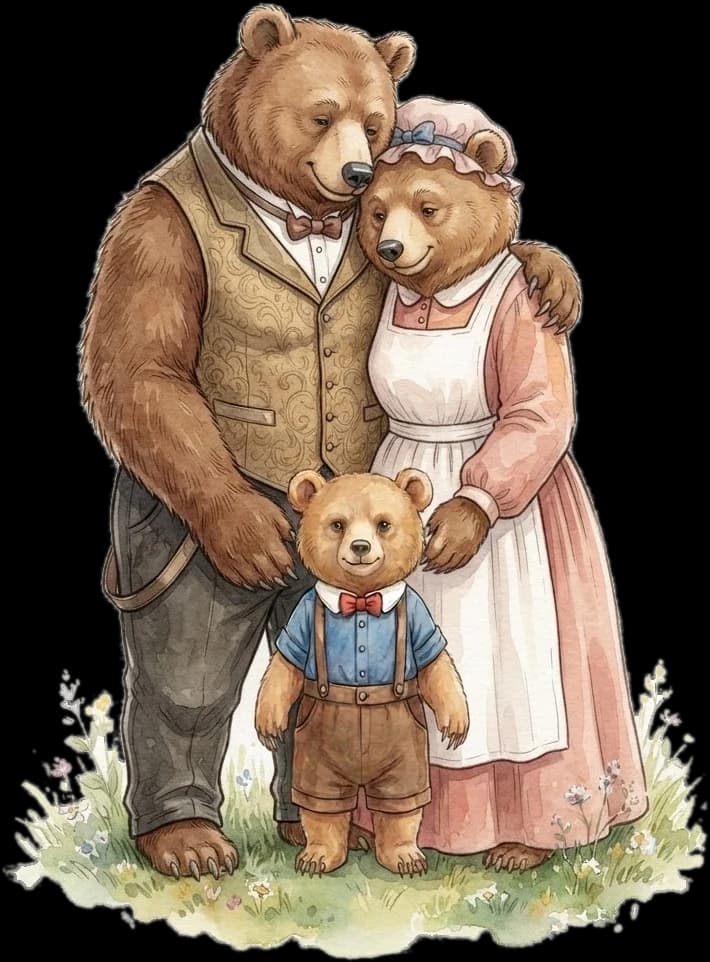 Una familia de osos en acuarela: el papá con chaleco y moño, la mamá con vestido rosa y delantal, y el hijo con camisa azul y tiradores.